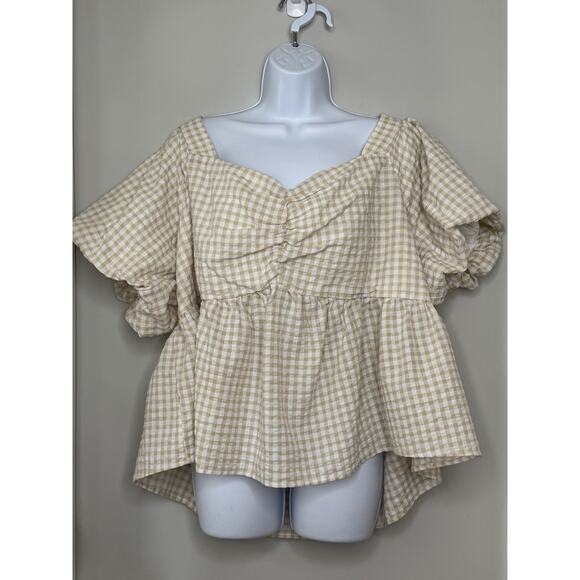 Old Navy Women Puff-Sleeve Smocked Seersucker Babydoll Top 3X Yellow Tan Gingham - Picture 3 of 16
